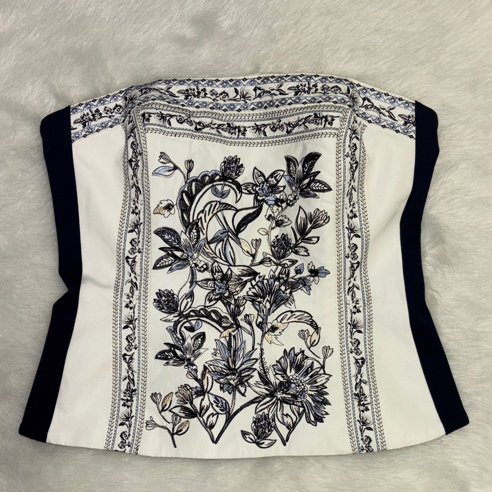 White House Black Market Black & White Embroidered Bustier Top.